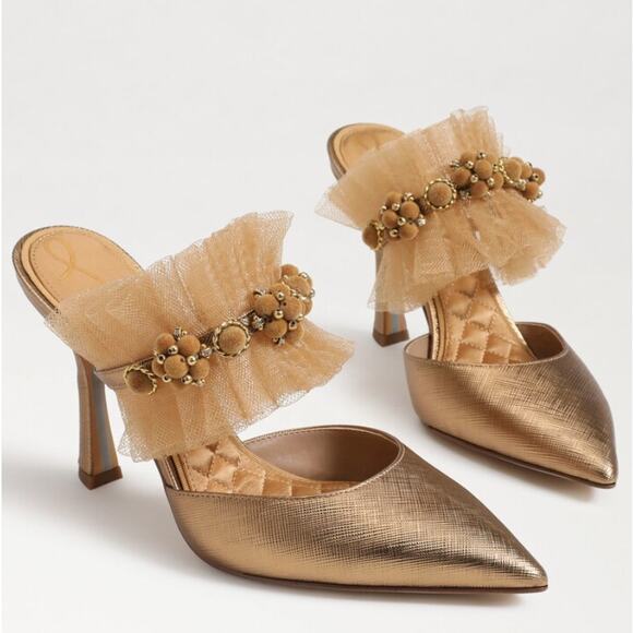 Sam Edelman Shoes - SAM EDELMAN Prosecco Hughes Mule Pump Tulle Embellished Gold Tan Sz 6.5